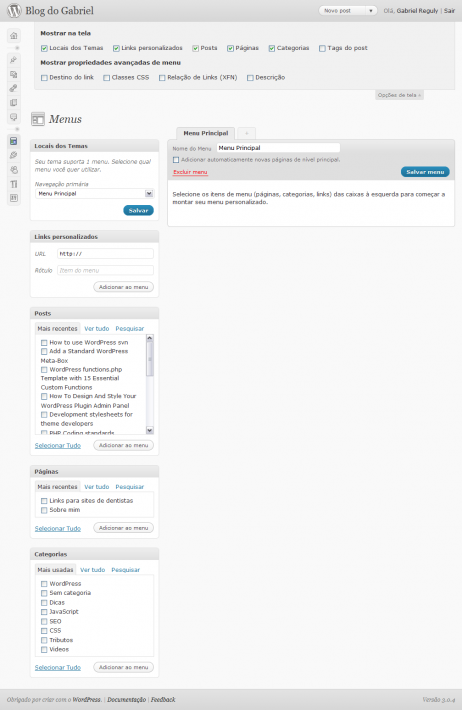 Imagem do gerenciador de menus com posts